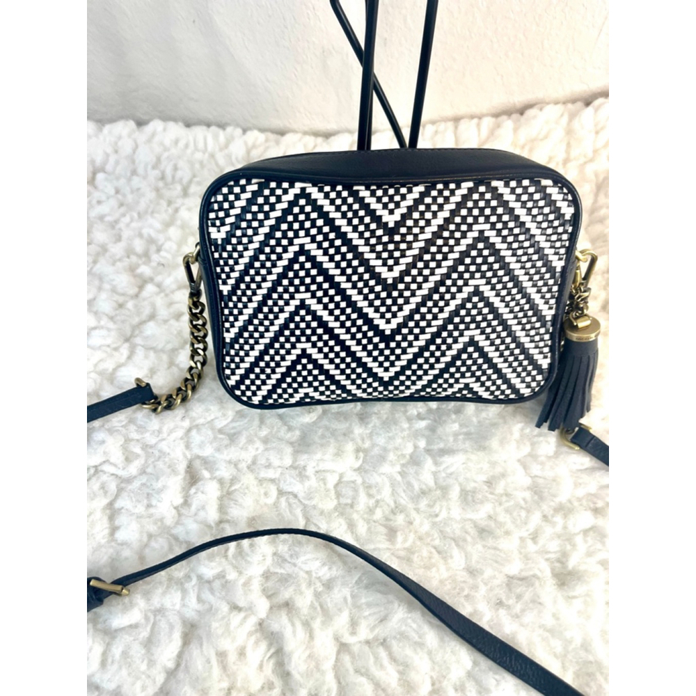 Michael Kors Woven Chevron Leather Camera Bag Navy Blue and Gold hardware